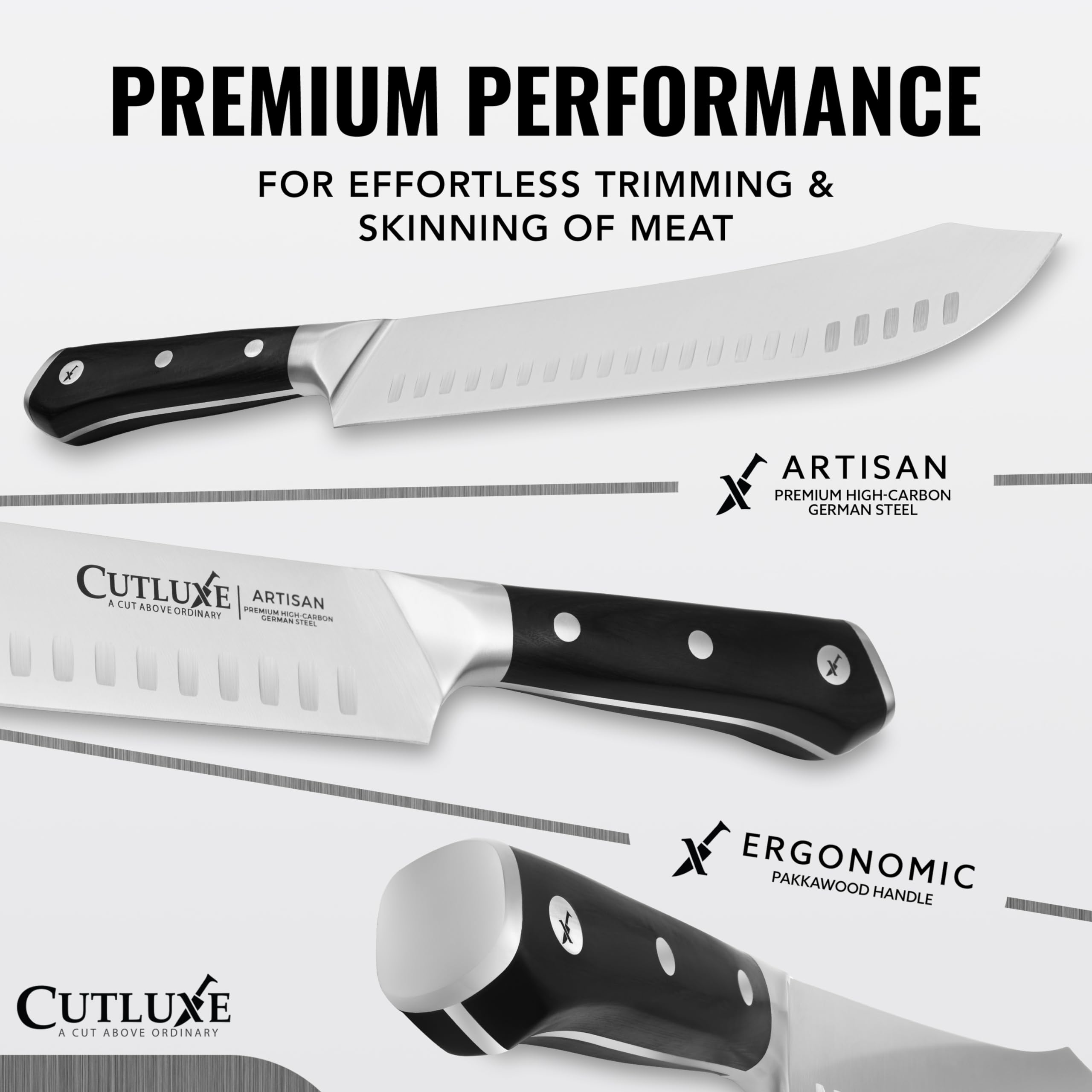 Cutluxe ergonomic pakkawood handle offers comfortable grip during long prep.