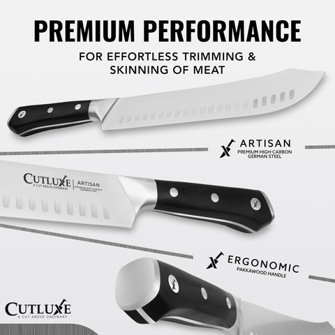 Cutluxe ergonomic pakkawood handle offers comfortable grip during long prep.