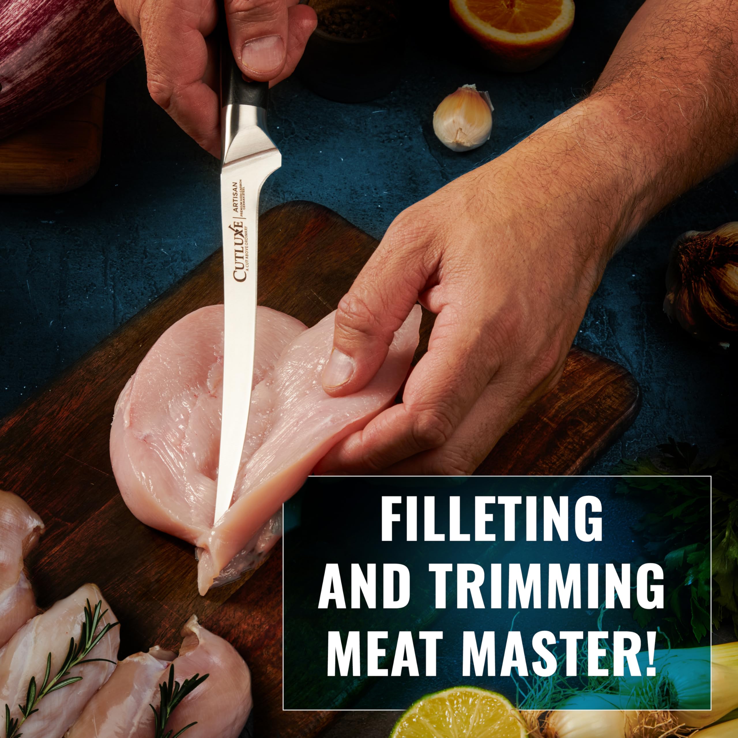 Cutluxe flexible fillet use showcased on delicate fish fillets