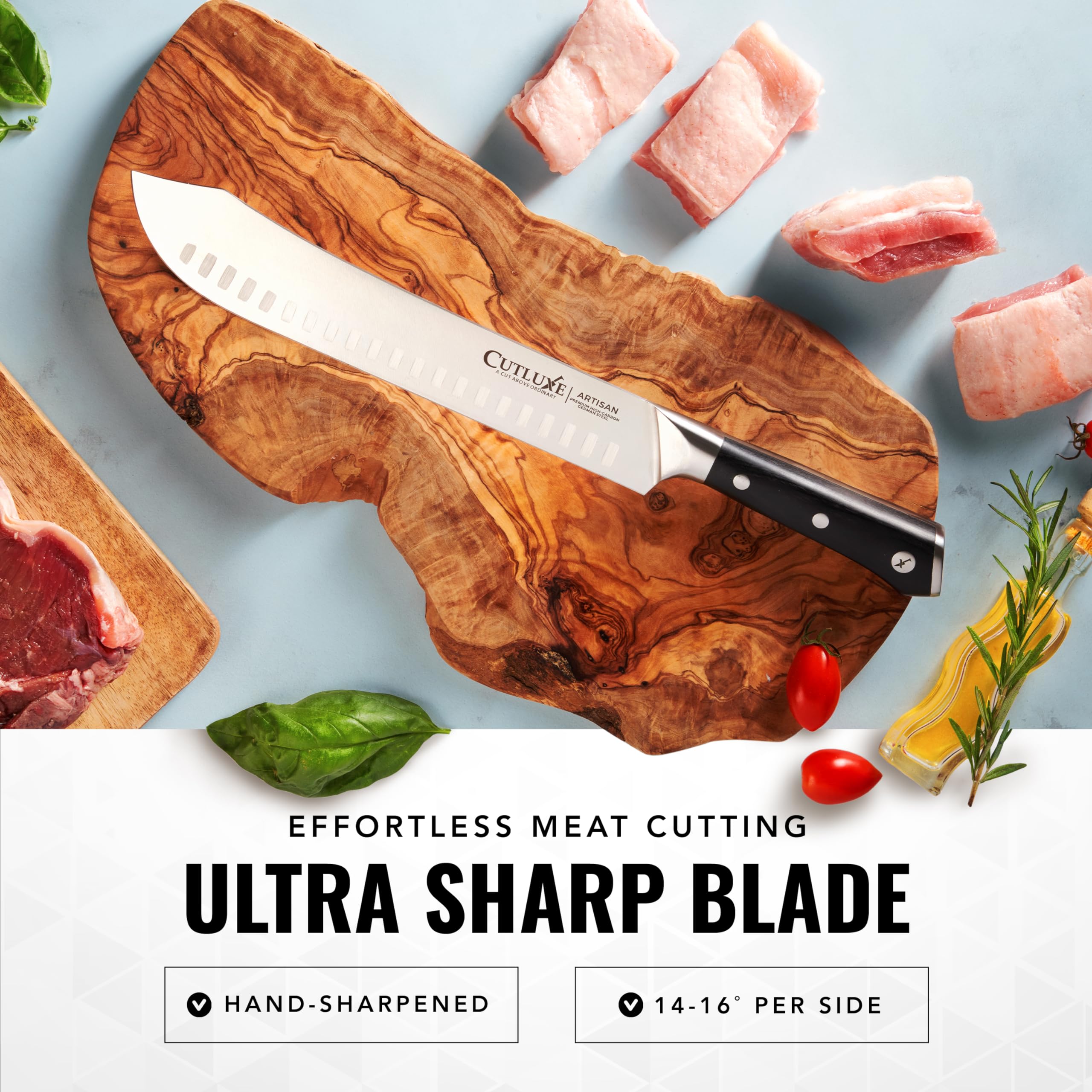 Cutluxe full tang design visible for balanced control during slicing.