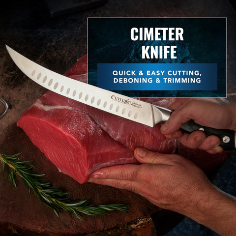 Cutluxe full tang ergonomic handle for balanced control during slicing.