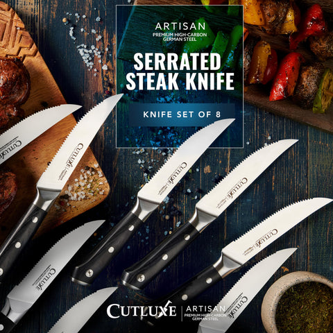 Cutluxe German steel 56 Rockwell highlights durable, rust-resistant performance.