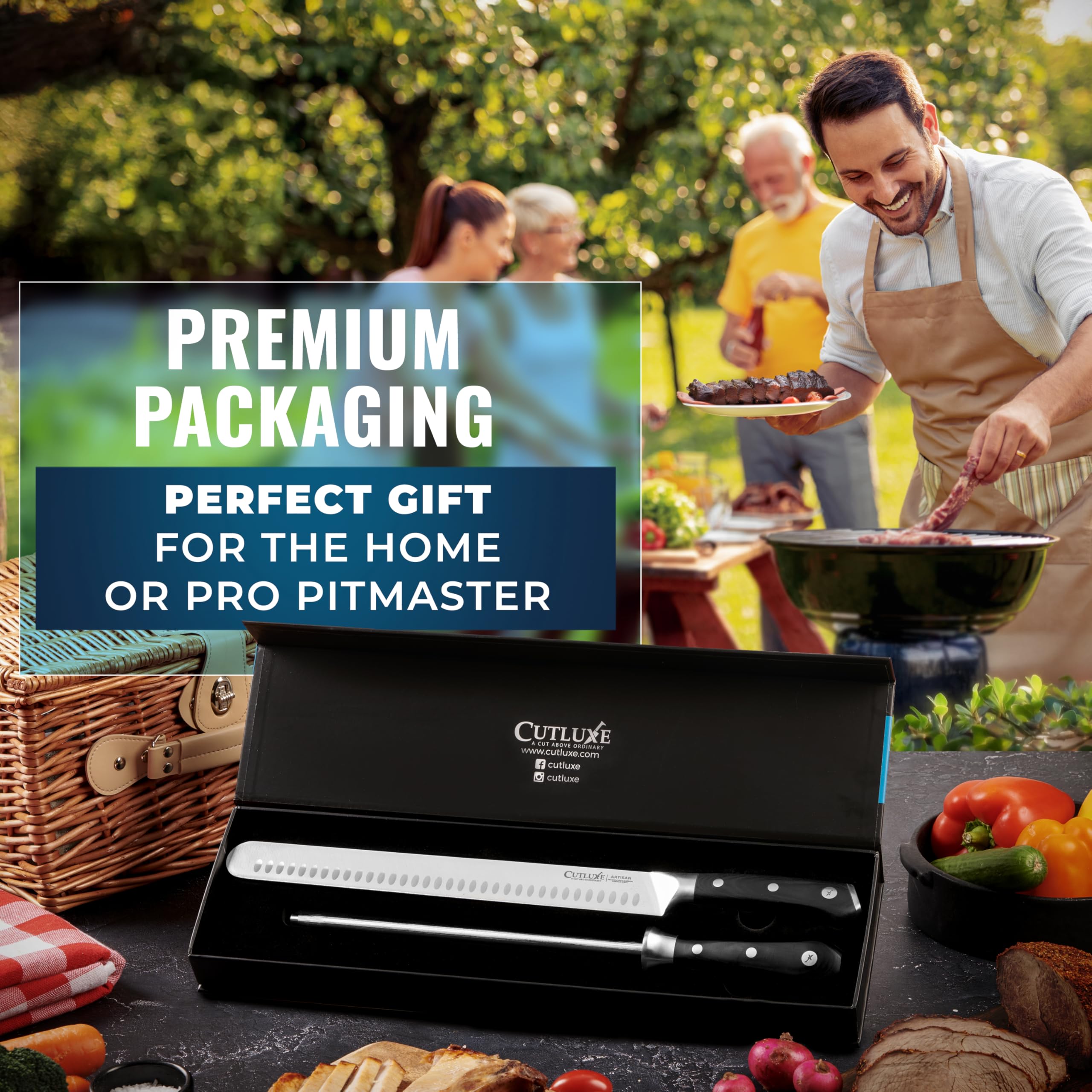 Cutluxe knife set designed for versatile use on turkey, roasts, and more