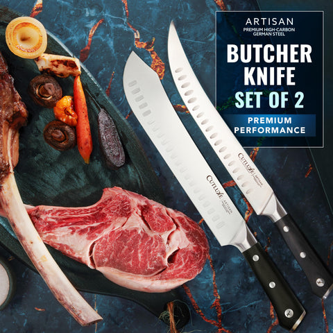 Cutluxe granton edge closeup reduces sticking for smooth slices.