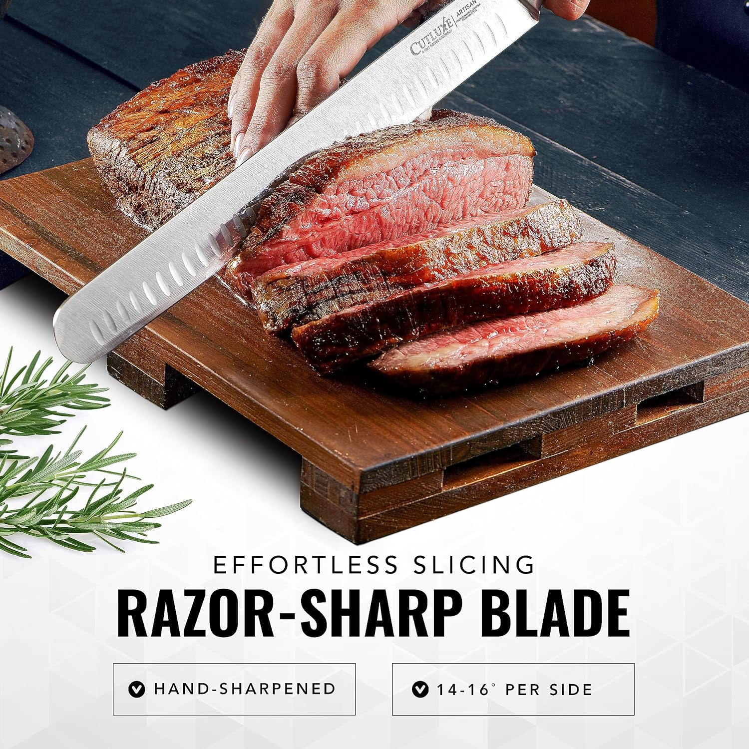 Cutluxe granton blade close-up reduces friction when cutting meat