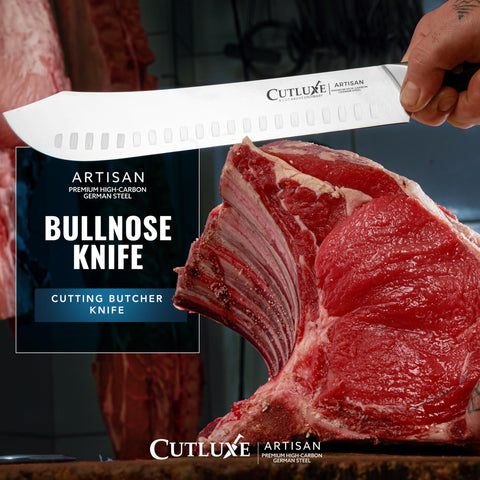 Cutluxe high-carbon German steel blade showcases durability and rust resistance.