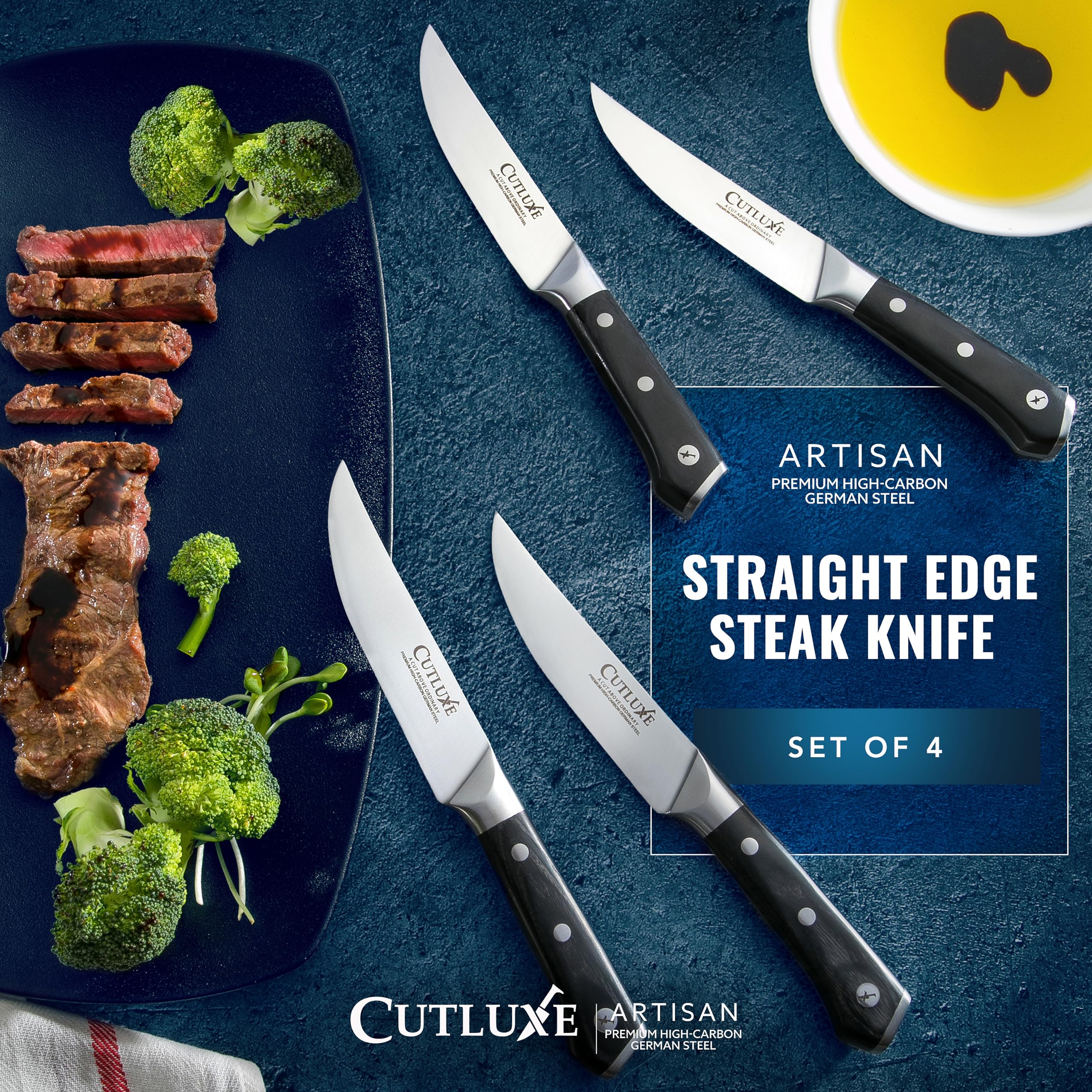 Cutluxe high-carbon German steel blade emphasizes durability and rust resistance
