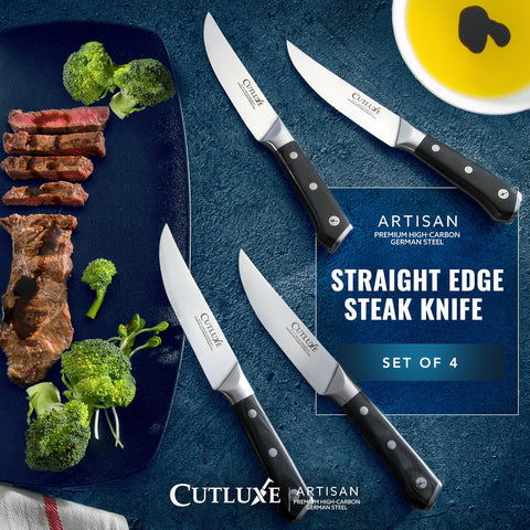 Cutluxe high-carbon German steel blade emphasizes durability and rust resistance