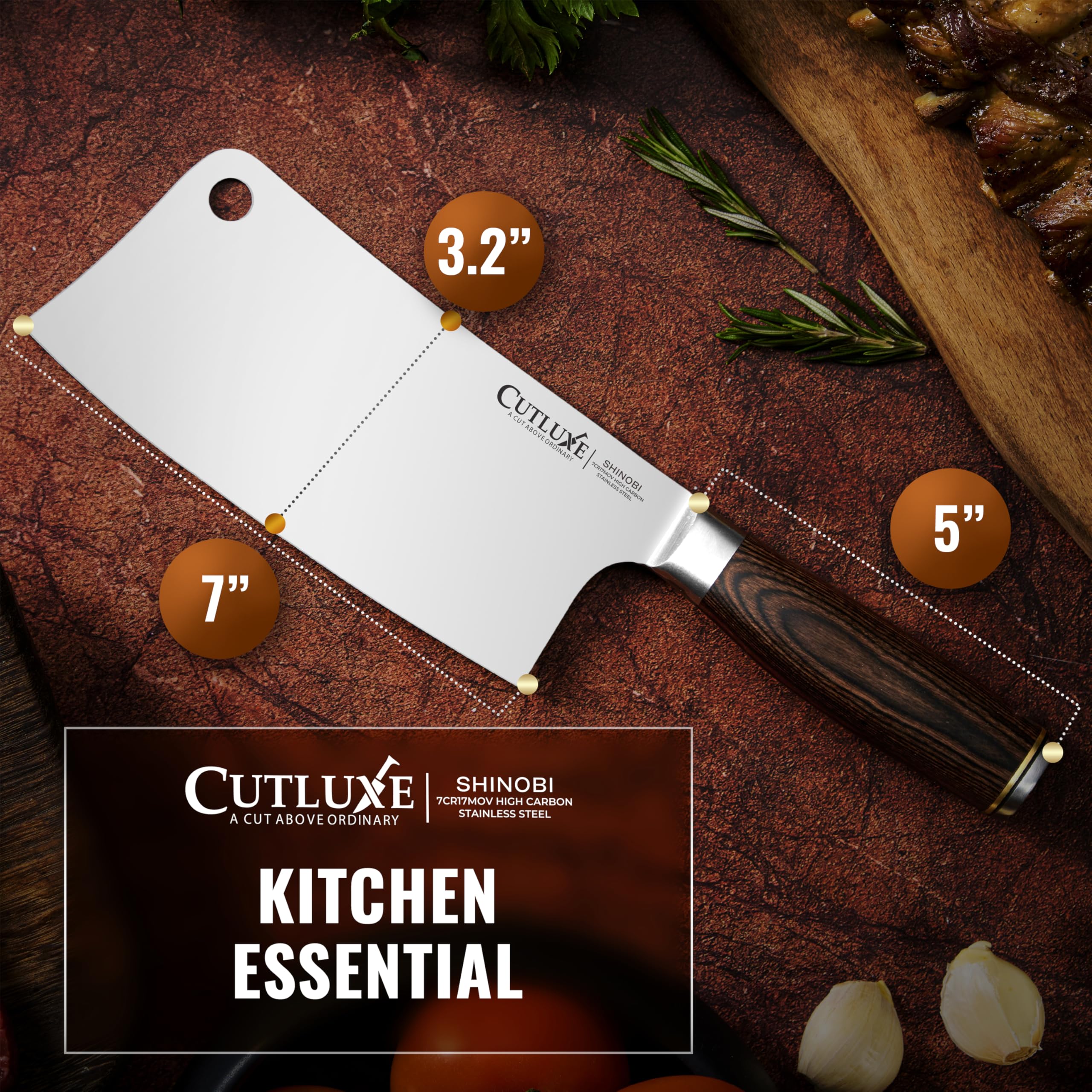 Cutluxe high-carbon stainless steel blade delivers sharpness and edge retention during prep.