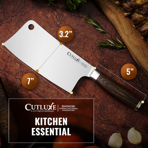 Cutluxe high-carbon stainless steel blade delivers sharpness and edge retention during prep.