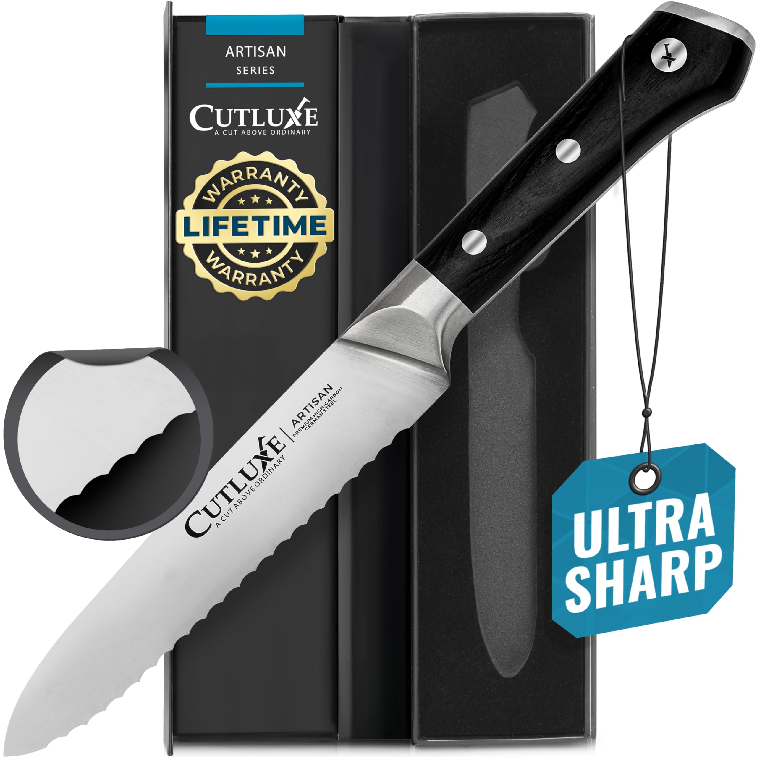 Cutluxe Kitchen Utility Knife with a 5-inch serrated blade for precise tomato slicing