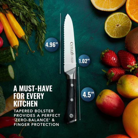 Versatile Cutluxe knife used for bread and fruit prep in the kitchen