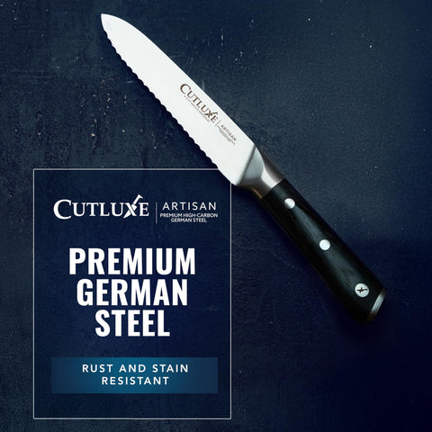 Balanced Cutluxe knife highlighting ergonomic feel in hand