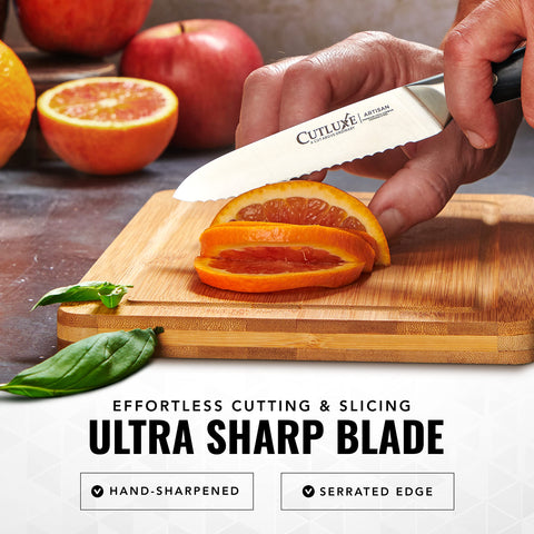 Cutluxe full tang ergonomic handle design for secure grip during prep