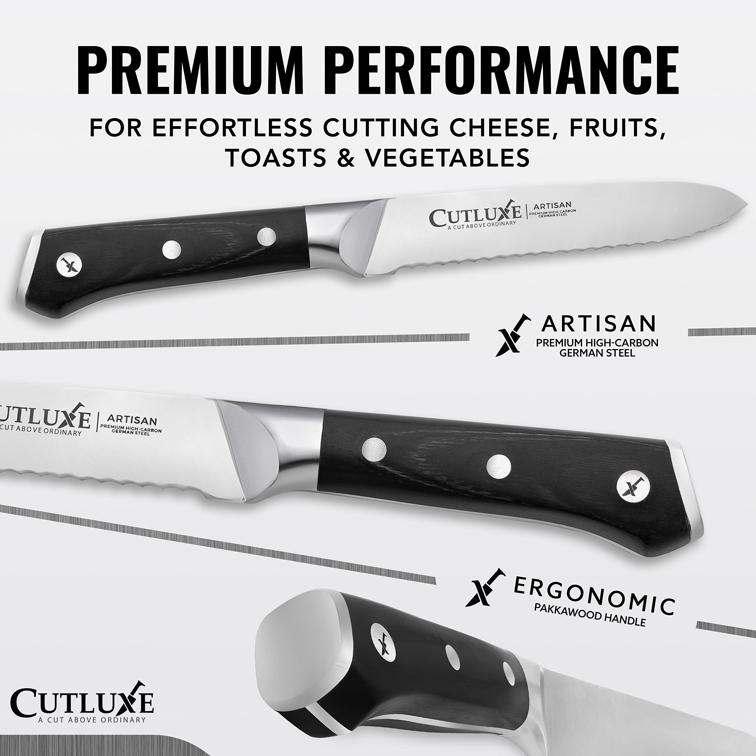 Closeup of Cutluxe serrated edge showing sharpness and edge retention