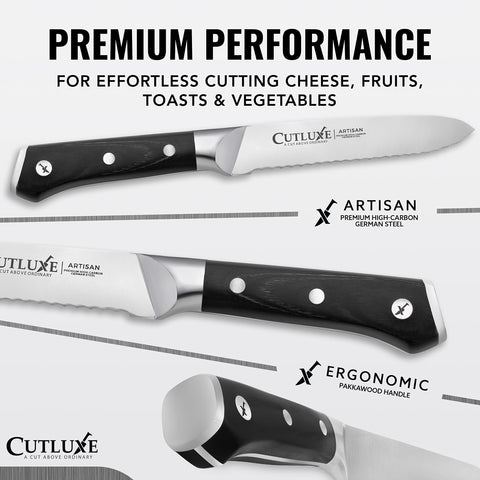 Closeup of Cutluxe serrated edge showing sharpness and edge retention