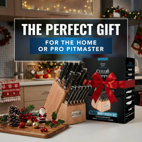 Cutluxe high-carbon stainless blades shine in close-up for precise slicing tasks.