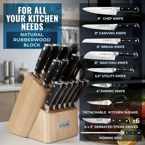 Cutluxe 8-inch chef knife ready for clean, even chopping and quick mincing.