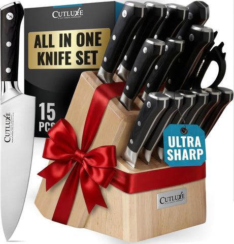 Cutluxe knife set displayed in rubberwood block for organized kitchen storage.