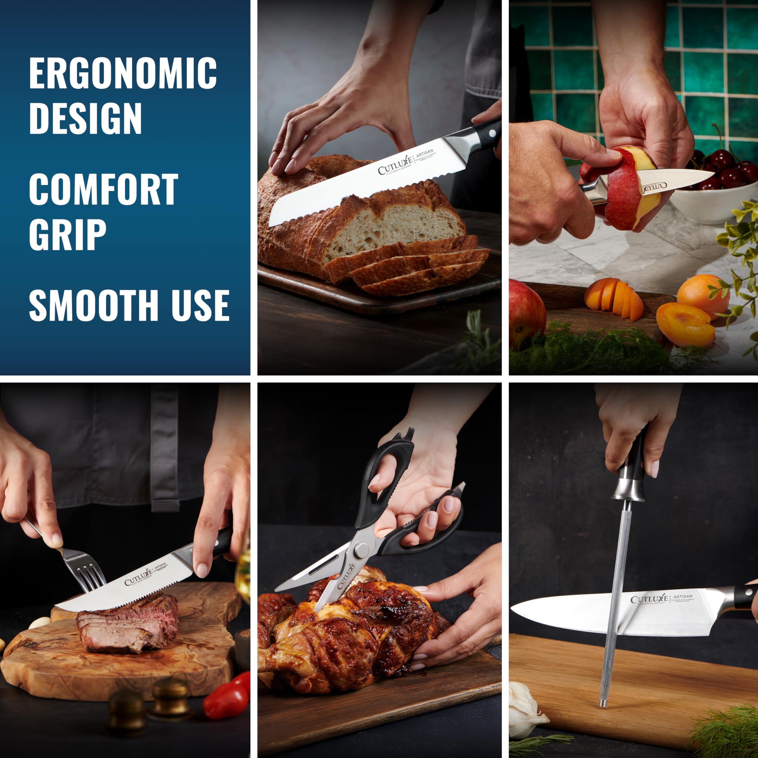 Cutluxe 7-inch Santoku in action for versatile, accurate kitchen preparation.