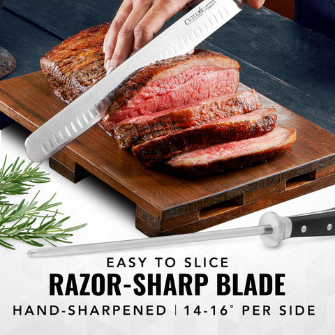 Cutluxe carving knife shown for smooth, controlled meat carving