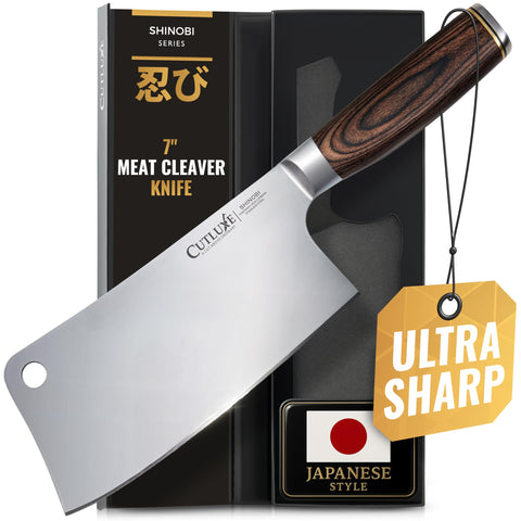 Cutluxe meat cleaver 7-inch blade for precise meat prep on a cutting board.
