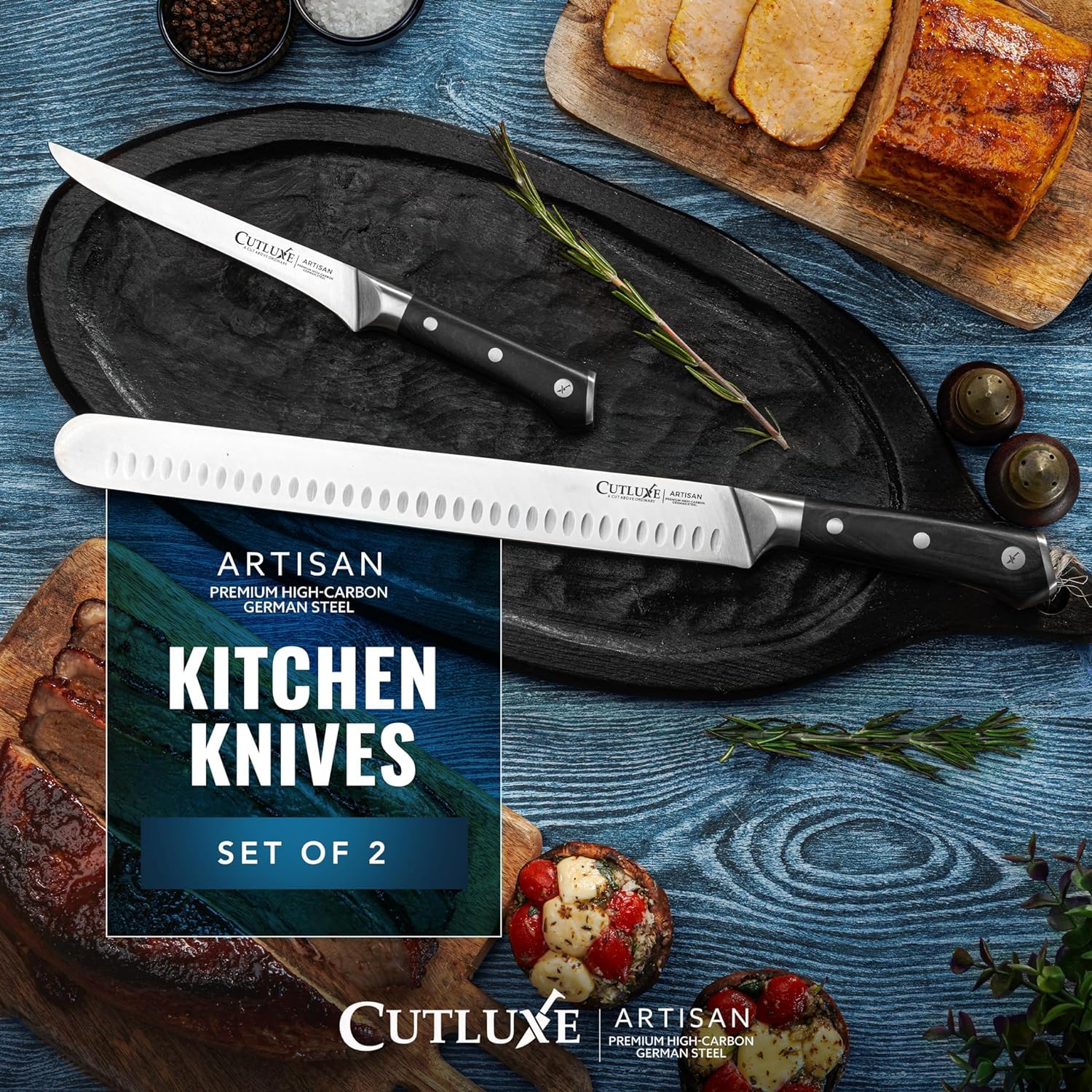 Cutluxe meat cutting set on wood board for impressive presentation