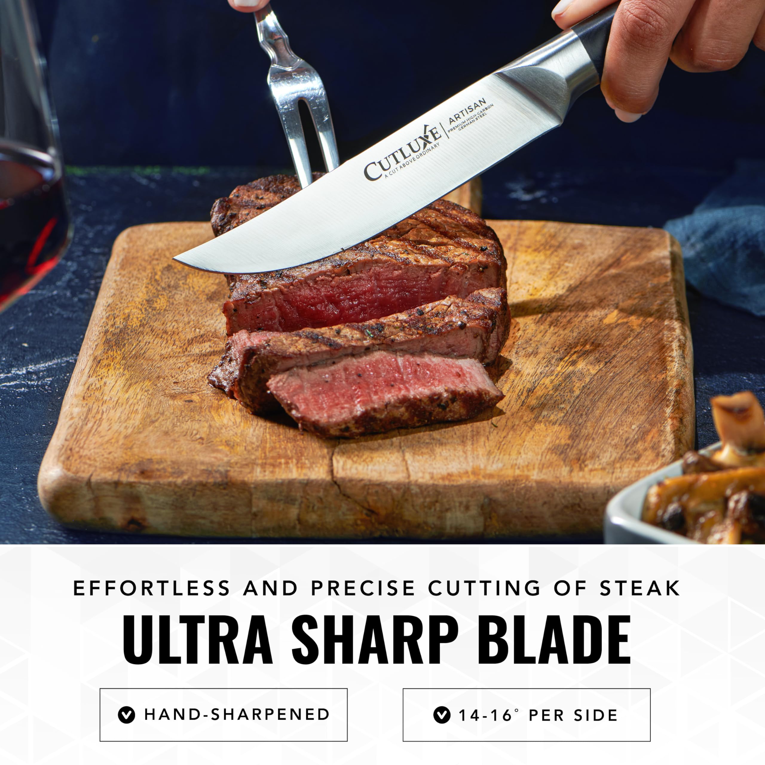 Cutluxe pakkawood handle closeup highlights secure triple rivets