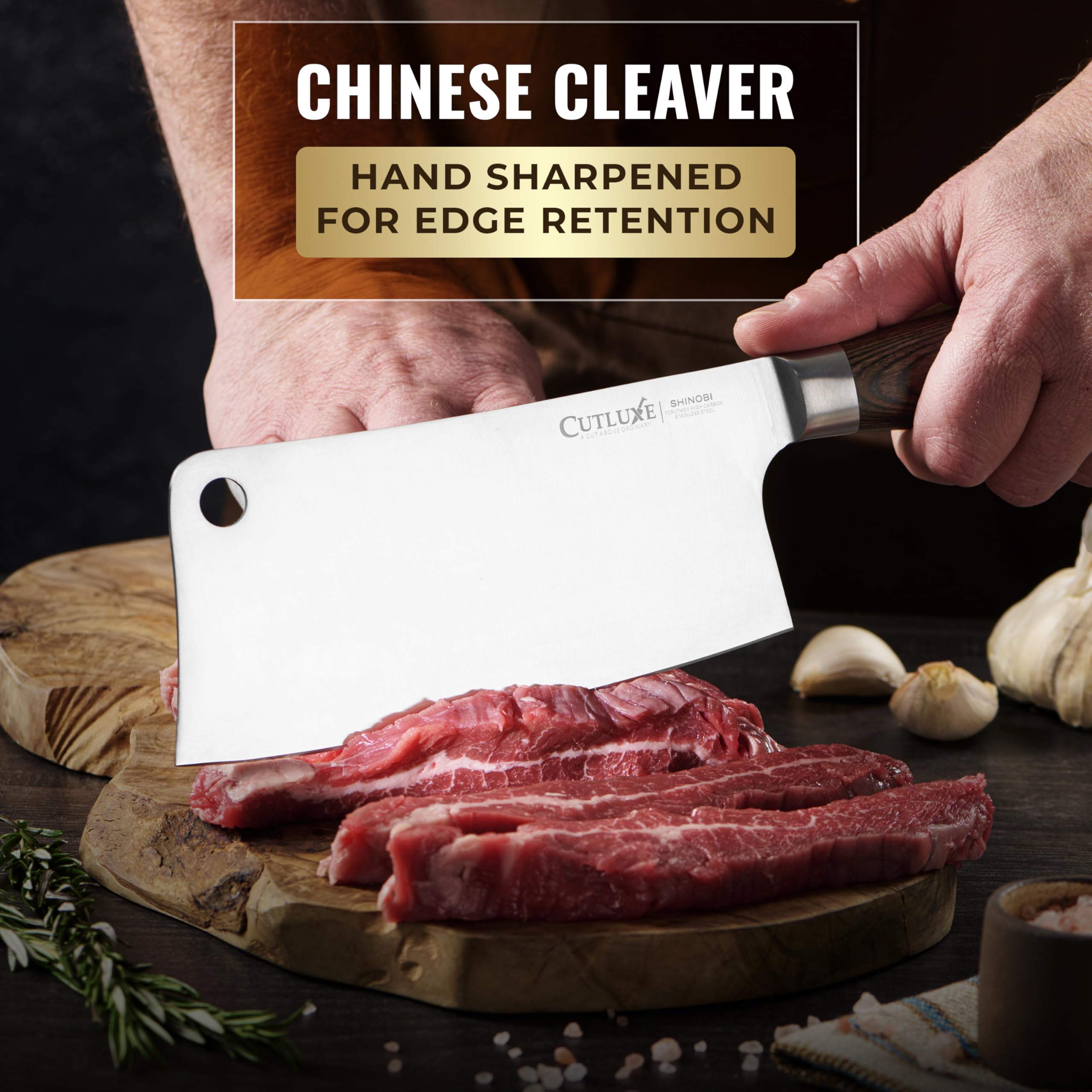 Cutluxe pakkawood handle close-up emphasizes comfortable grip and durability.