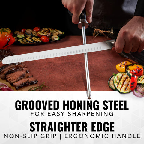 Cutluxe pakkawood handles provide ergonomic grip and steady control