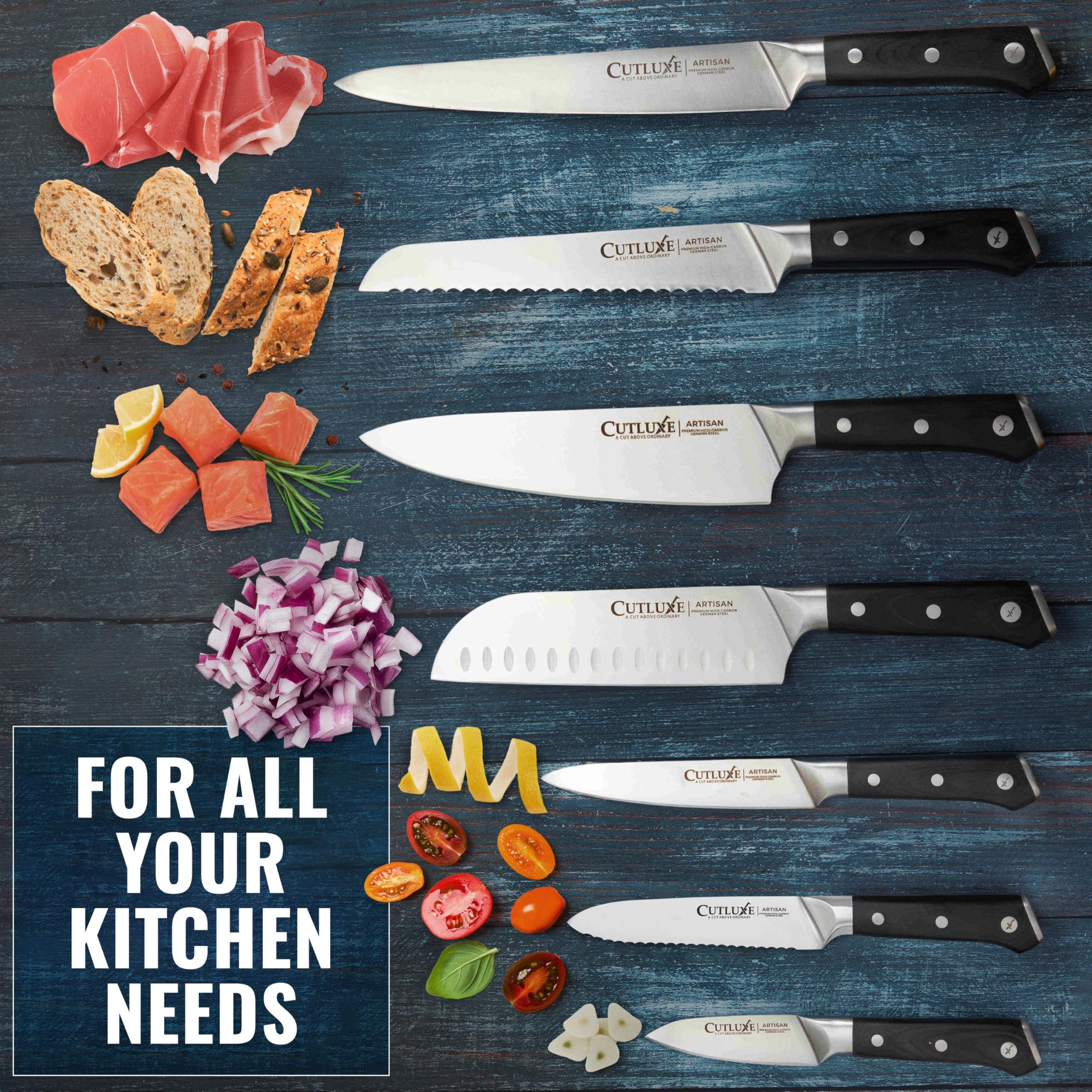 Cutluxe knife set layout ready for busy kitchen prep
