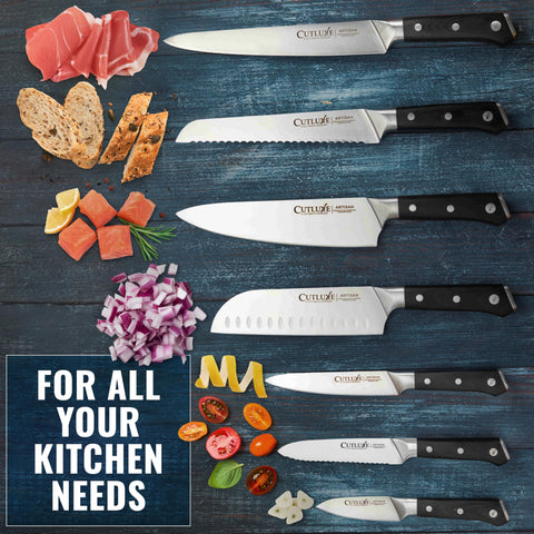 Cutluxe knife set layout ready for busy kitchen prep