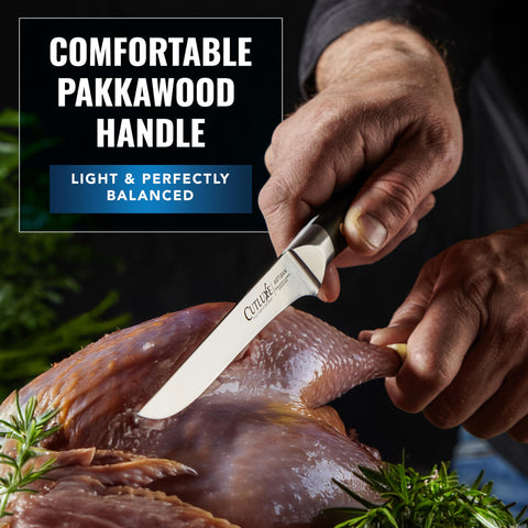 Cutluxe razor-sharp Granton edge reduces friction during slicing