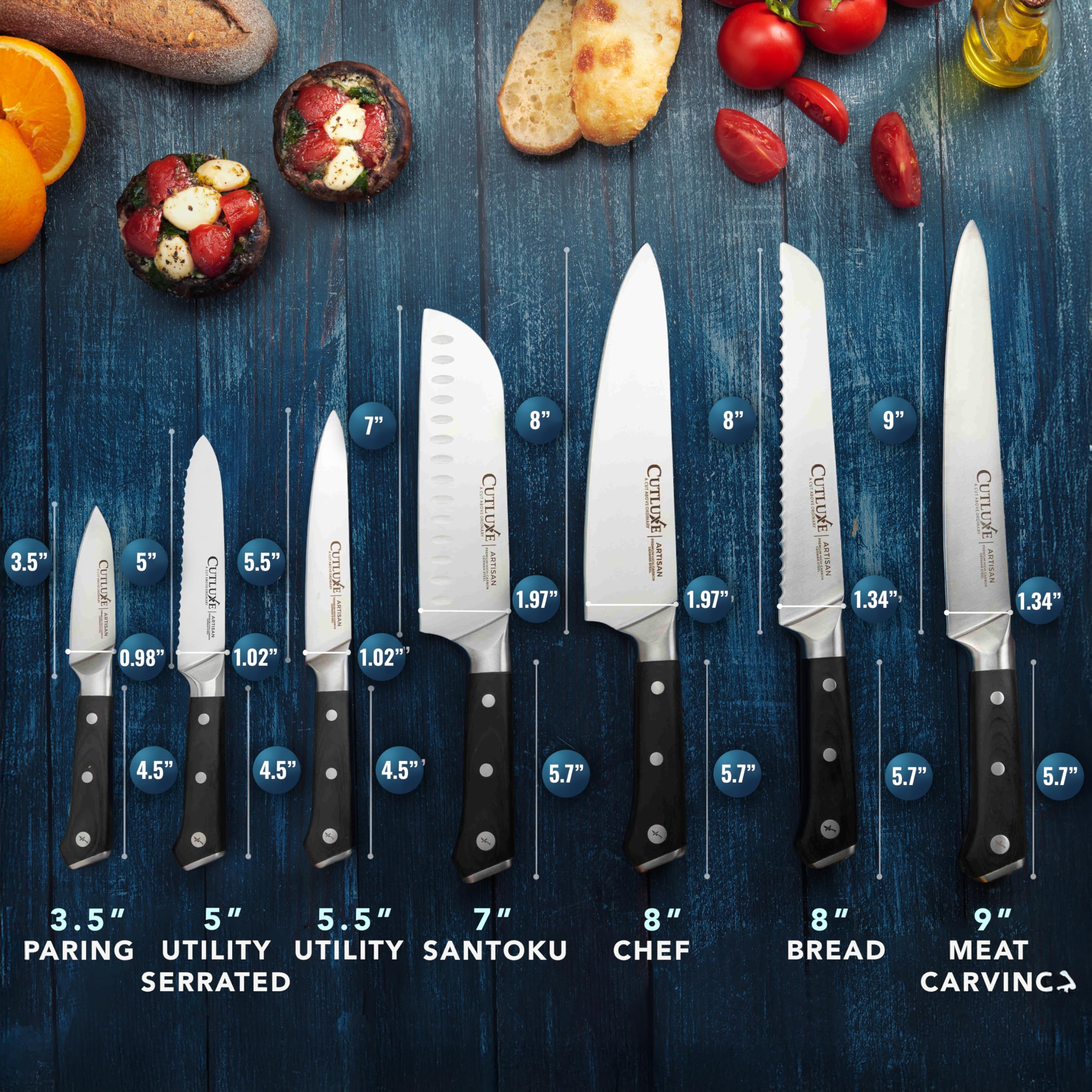 Cutluxe 7-inch Santoku for versatile chopping and clean cuts