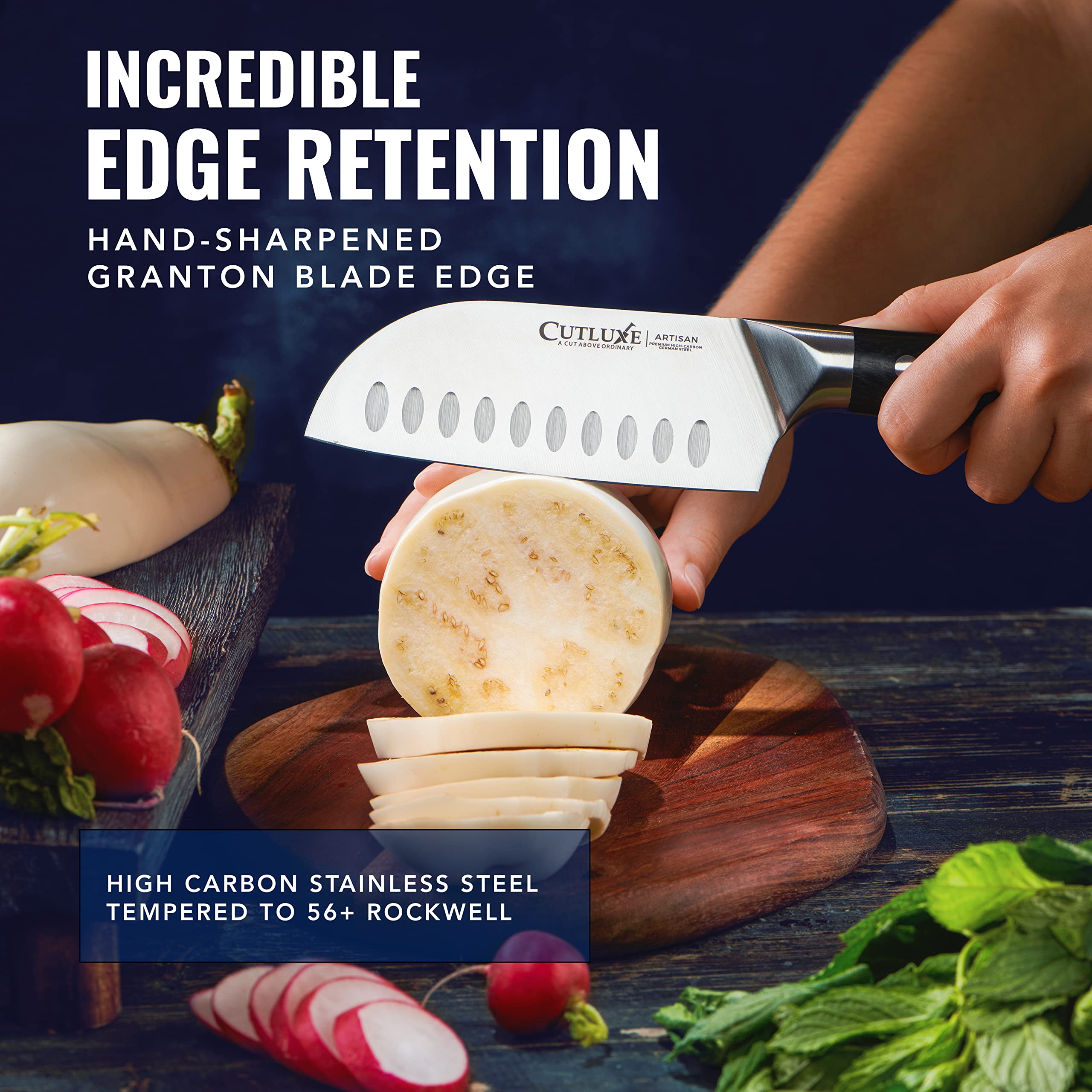 Cutluxe Santoku knife 14-16 degree edge preserves sharpness for meats and vegetables.