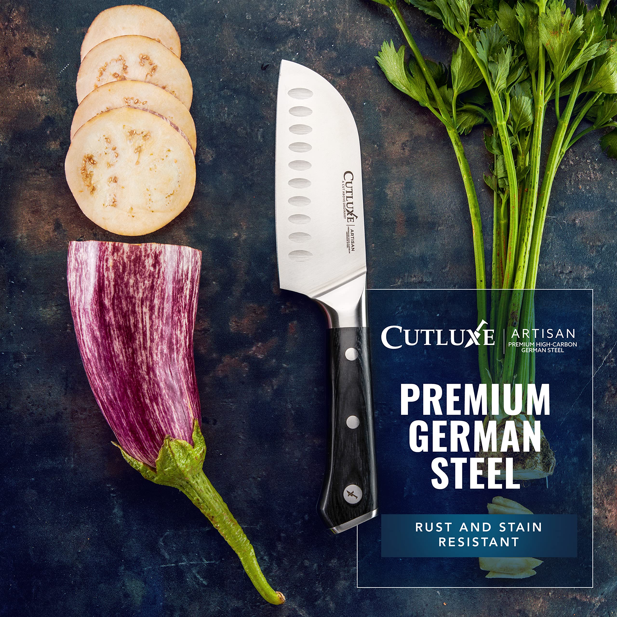 Cutluxe Santoku knife ready for daily kitchen use with corrosion-resistant steel.