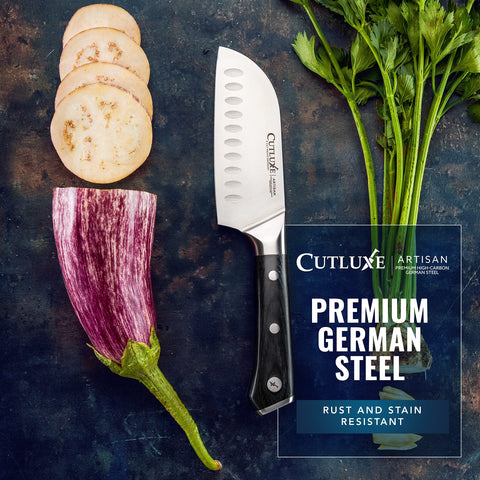 Cutluxe Santoku knife ready for daily kitchen use with corrosion-resistant steel.