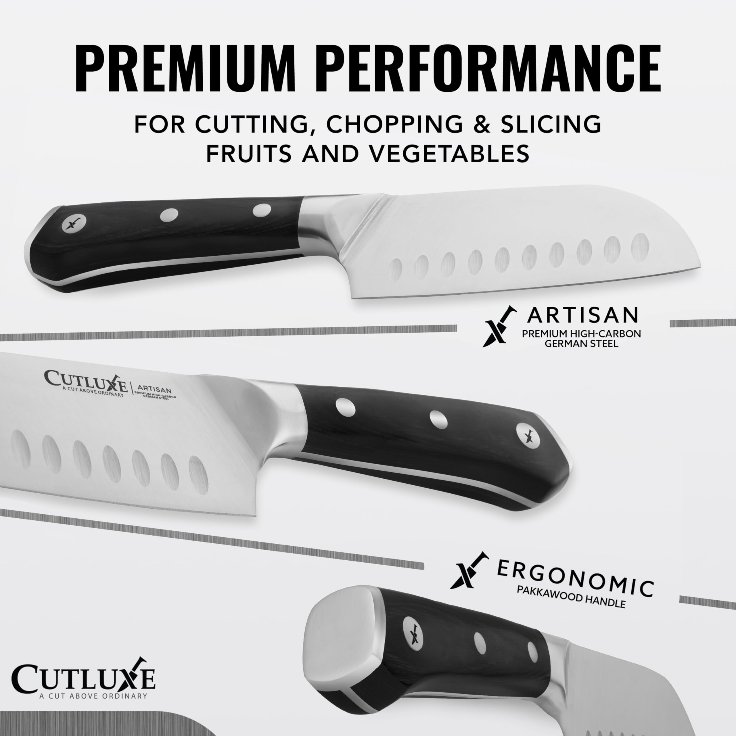 Cutluxe Santoku knife ergonomic handle for secure, comfortable grip during prep.