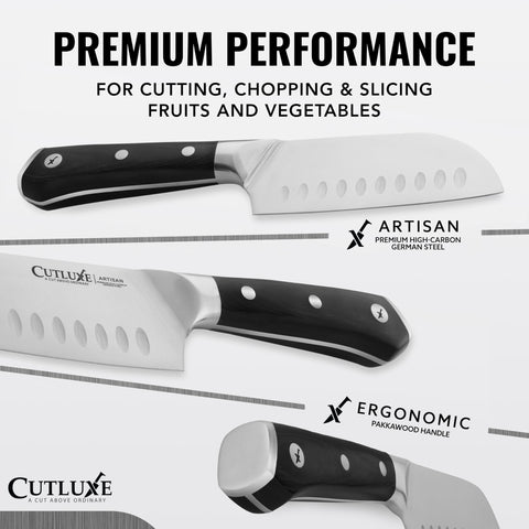 Cutluxe Santoku knife ergonomic handle for secure, comfortable grip during prep.