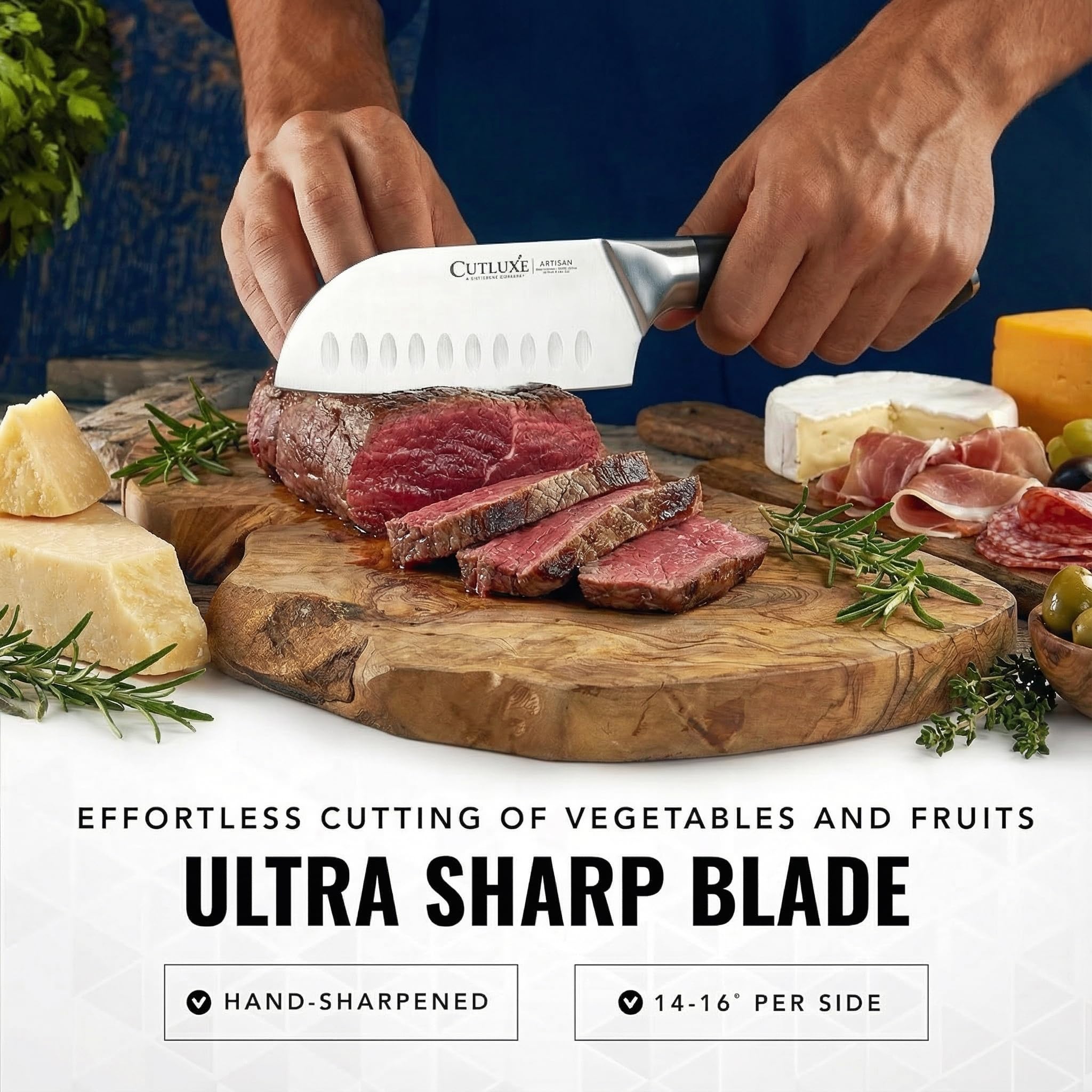 Cutluxe Santoku knife full tang design offers balanced control while chopping.