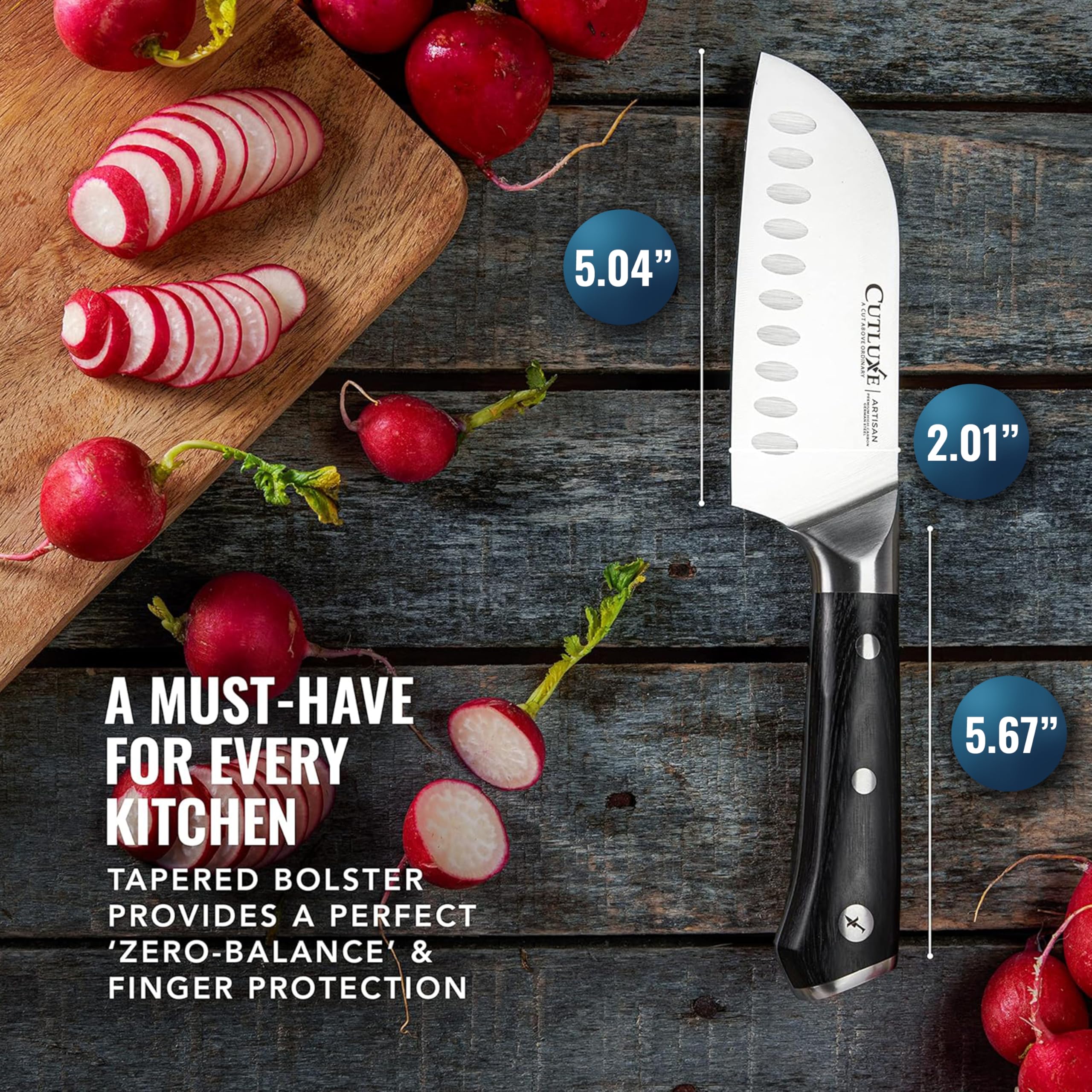 Cutluxe Santoku knife grooved sides reduce sticking for smoother chops.