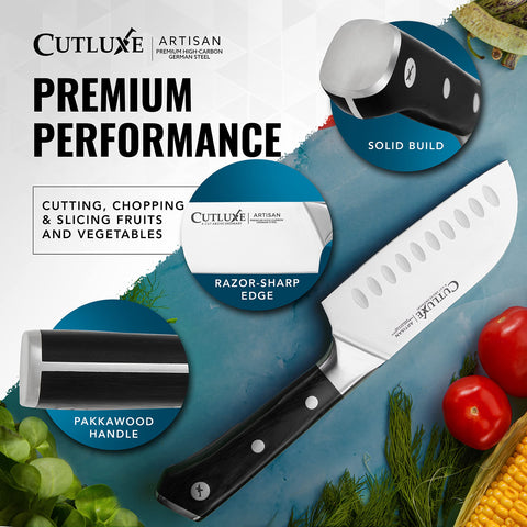 Cutluxe Santoku knife lifetime warranty backs durable kitchen performance.