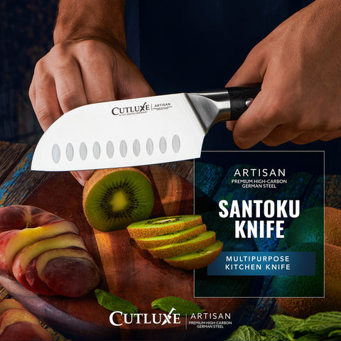 Cutluxe Santoku knife pakkawood handle enhances comfort in daily cooking.