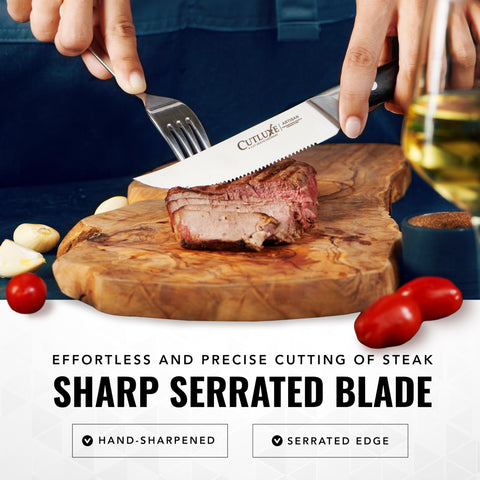 Cutluxe serrated blade edge detail for precise, clean cuts through seared meats.