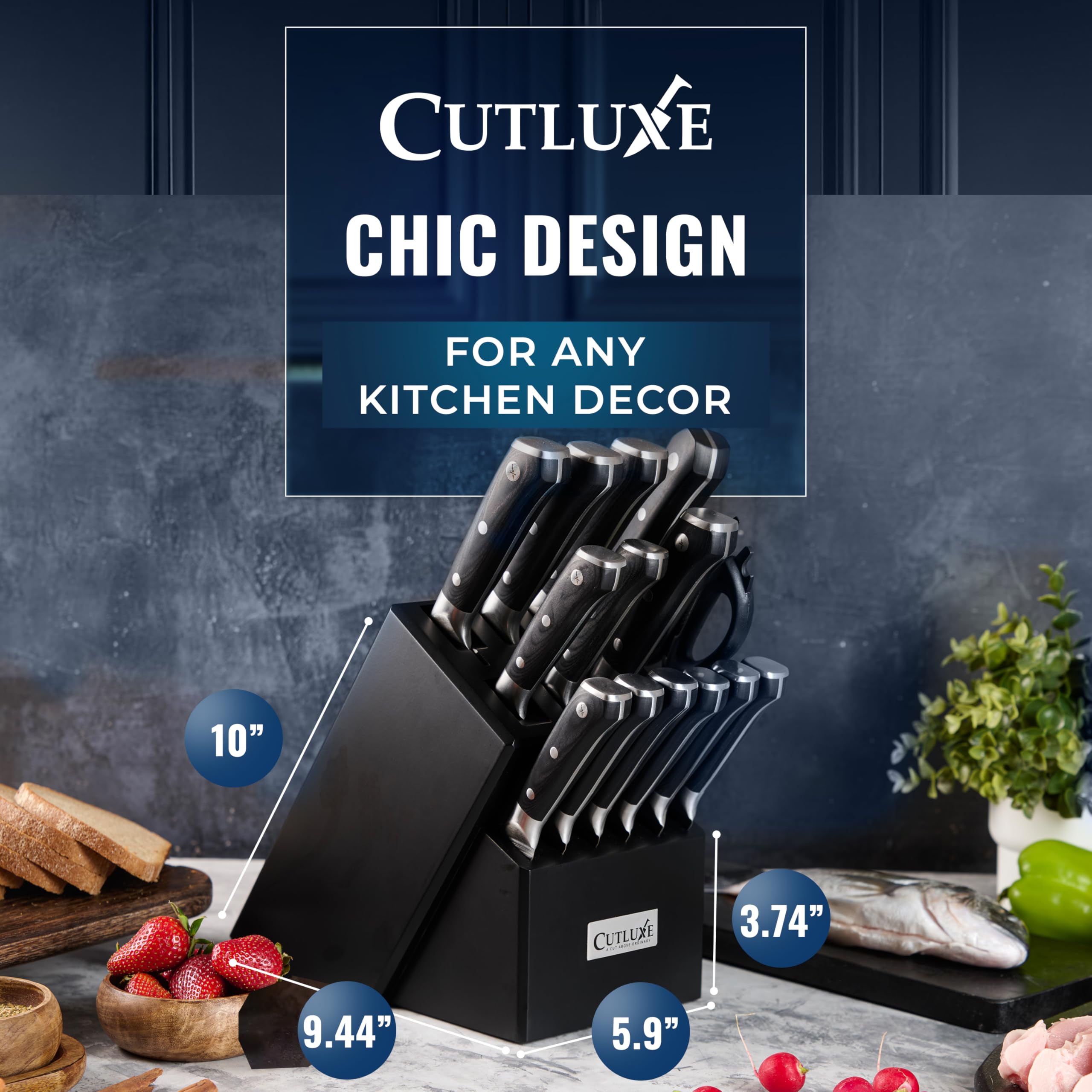 Cutluxe serrated steak knives with ergonomic handles for easy table slicing.