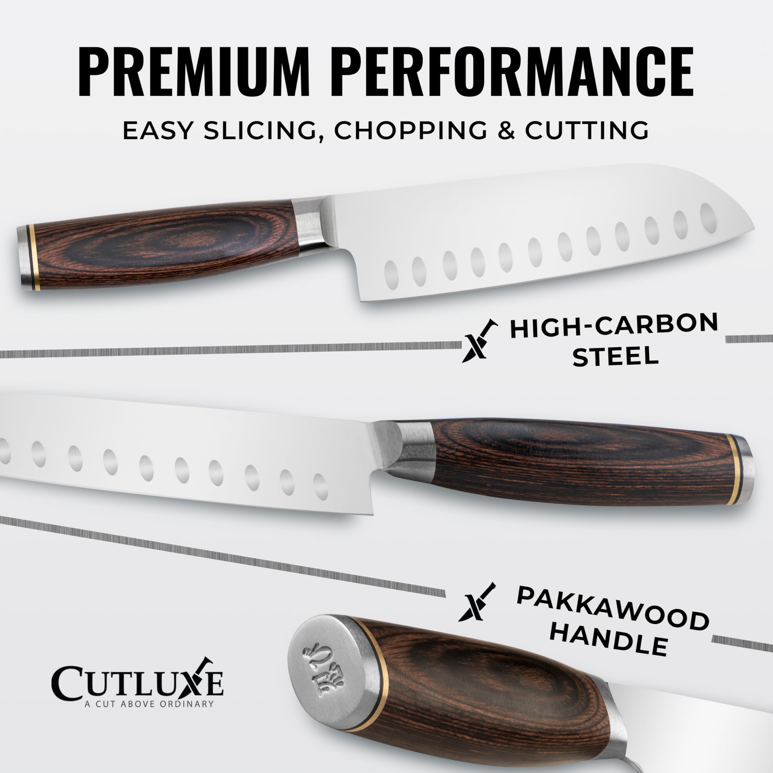 Cutluxe Shinobi Pakkawood handle delivers secure, comfortable grip