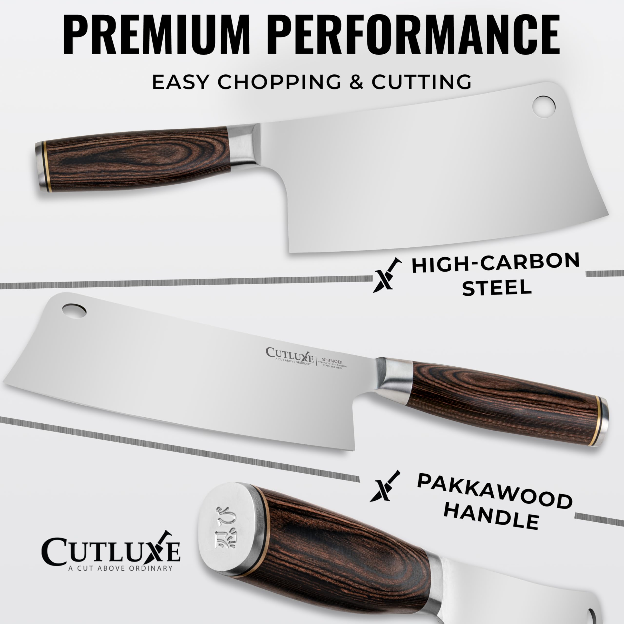 Cutluxe Shinobi Series cleaver full-tang design offers balanced control during chopping.