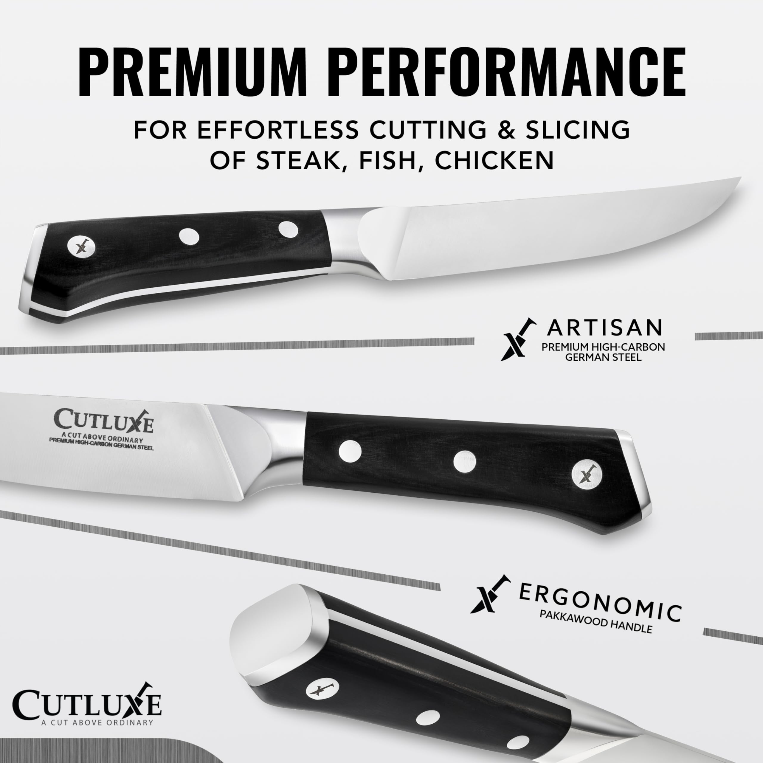 Cutluxe steak knife full tang shown for balanced cutting