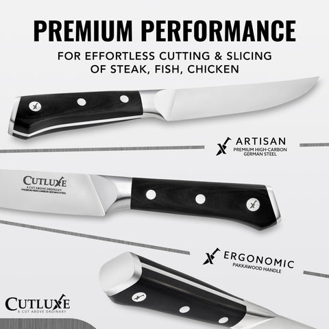 Cutluxe steak knife full tang shown for balanced cutting