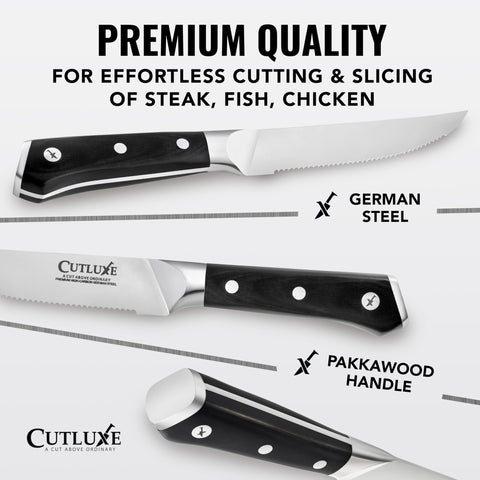 Cutluxe steak knife pakkawood handle showcases ergonomic comfort during long meals.